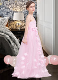 Valerie A-Line One-Shoulder Floor-Length Tulle Junior Bridesmaid Dress With Ruffle Flower(s) UKP0013546