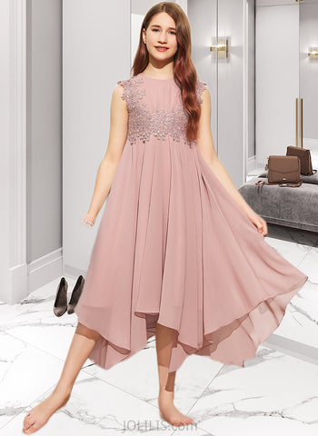 Jaslene A-Line Scoop Neck Tea-Length Chiffon Lace Junior Bridesmaid Dress UKP0013547