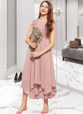 Jaslene A-Line Scoop Neck Tea-Length Chiffon Lace Junior Bridesmaid Dress UKP0013547