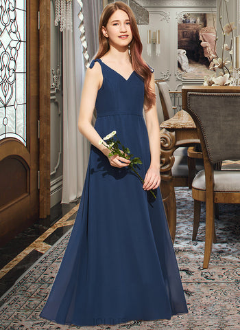 Stephany A-Line V-neck Floor-Length Chiffon Junior Bridesmaid Dress With Bow(s) UKP0013548