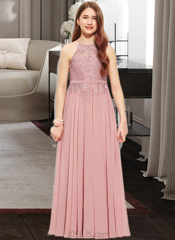 Kayleigh A-Line Scoop Neck Floor-Length Chiffon Lace Junior Bridesmaid Dress UKP0013549