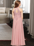 Kayleigh A-Line Scoop Neck Floor-Length Chiffon Lace Junior Bridesmaid Dress UKP0013549