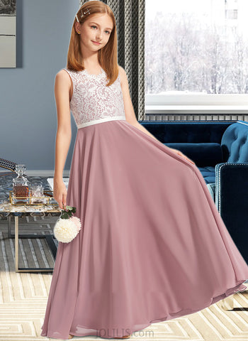 Rose A-Line V-neck Floor-Length Chiffon Lace Junior Bridesmaid Dress UKP0013552