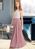 Rose A-Line V-neck Floor-Length Chiffon Lace Junior Bridesmaid Dress UKP0013552