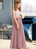 Rose A-Line V-neck Floor-Length Chiffon Lace Junior Bridesmaid Dress UKP0013552