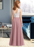 Rose A-Line V-neck Floor-Length Chiffon Lace Junior Bridesmaid Dress UKP0013552