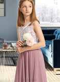 Rose A-Line V-neck Floor-Length Chiffon Lace Junior Bridesmaid Dress UKP0013552