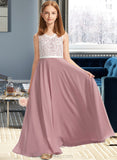 Rose A-Line V-neck Floor-Length Chiffon Lace Junior Bridesmaid Dress UKP0013552