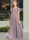 Lucinda A-Line V-neck Floor-Length Chiffon Junior Bridesmaid Dress With Ruffle UKP0013554