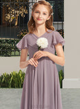 Lucinda A-Line V-neck Floor-Length Chiffon Junior Bridesmaid Dress With Ruffle UKP0013554