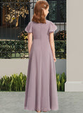 Lucinda A-Line V-neck Floor-Length Chiffon Junior Bridesmaid Dress With Ruffle UKP0013554