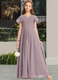 Lucinda A-Line V-neck Floor-Length Chiffon Junior Bridesmaid Dress With Ruffle UKP0013554