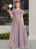 Lucinda A-Line V-neck Floor-Length Chiffon Junior Bridesmaid Dress With Ruffle UKP0013554