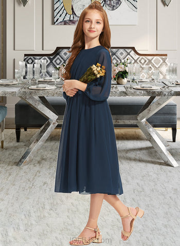 Maud A-Line Scoop Neck Tea-Length Chiffon Junior Bridesmaid Dress With Ruffle Bow(s) UKP0013555