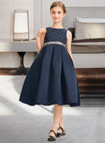 Aliyah A-Line Scoop Neck Knee-Length Satin Lace Junior Bridesmaid Dress With Beading Bow(s) UKP0013559