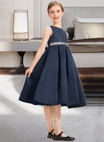 Aliyah A-Line Scoop Neck Knee-Length Satin Lace Junior Bridesmaid Dress With Beading Bow(s) UKP0013559