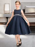 Aliyah A-Line Scoop Neck Knee-Length Satin Lace Junior Bridesmaid Dress With Beading Bow(s) UKP0013559