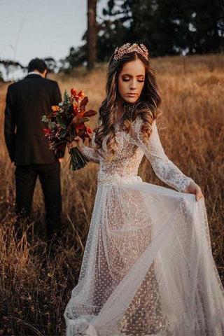 Long Sleeve Boho Wedding Dresses Lace Bohemian Backless Wedding Gowns