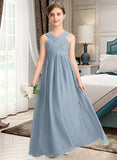 Sherlyn A-Line V-neck Floor-Length Chiffon Junior Bridesmaid Dress With Ruffle UKP0013561