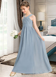 Sherlyn A-Line V-neck Floor-Length Chiffon Junior Bridesmaid Dress With Ruffle UKP0013561