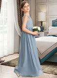 Sherlyn A-Line V-neck Floor-Length Chiffon Junior Bridesmaid Dress With Ruffle UKP0013561