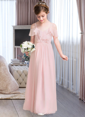 Kenzie A-Line V-neck Floor-Length Chiffon Junior Bridesmaid Dress With Cascading Ruffles UKP0013567