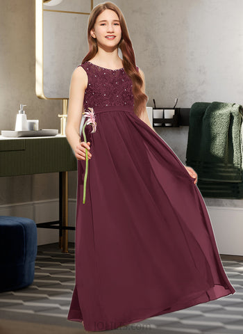 Marcia A-Line Scoop Neck Floor-Length Chiffon Lace Junior Bridesmaid Dress With Beading Sequins UKP0013572