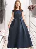 Ann A-Line Scoop Neck Floor-Length Satin Lace Junior Bridesmaid Dress With Beading Sequins Bow(s) UKP0013574