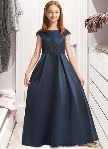 Ann A-Line Scoop Neck Floor-Length Satin Lace Junior Bridesmaid Dress With Beading Sequins Bow(s) UKP0013574