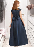 Ann A-Line Scoop Neck Floor-Length Satin Lace Junior Bridesmaid Dress With Beading Sequins Bow(s) UKP0013574