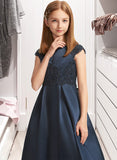 Ann A-Line Scoop Neck Floor-Length Satin Lace Junior Bridesmaid Dress With Beading Sequins Bow(s) UKP0013574