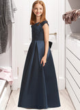 Ann A-Line Scoop Neck Floor-Length Satin Lace Junior Bridesmaid Dress With Beading Sequins Bow(s) UKP0013574