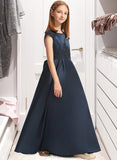 Ann A-Line Scoop Neck Floor-Length Satin Lace Junior Bridesmaid Dress With Beading Sequins Bow(s) UKP0013574