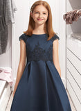 Ann A-Line Scoop Neck Floor-Length Satin Lace Junior Bridesmaid Dress With Beading Sequins Bow(s) UKP0013574