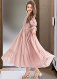 Myah A-Line Square Neckline Ankle-Length Chiffon Junior Bridesmaid Dress With Ruffle Lace UKP0013575