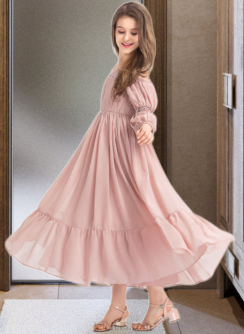 Myah A-Line Square Neckline Ankle-Length Chiffon Junior Bridesmaid Dress With Ruffle Lace UKP0013575