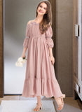 Myah A-Line Square Neckline Ankle-Length Chiffon Junior Bridesmaid Dress With Ruffle Lace UKP0013575