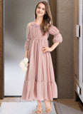 Myah A-Line Square Neckline Ankle-Length Chiffon Junior Bridesmaid Dress With Ruffle Lace UKP0013575