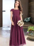 Skye A-Line Square Neckline Floor-Length Chiffon Junior Bridesmaid Dress With Lace Bow(s) Pleated UKP0013576