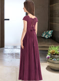 Skye A-Line Square Neckline Floor-Length Chiffon Junior Bridesmaid Dress With Lace Bow(s) Pleated UKP0013576