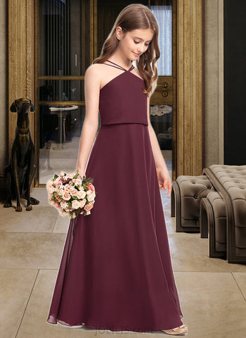 Priscilla A-Line V-neck Floor-Length Chiffon Junior Bridesmaid Dress UKP0013577