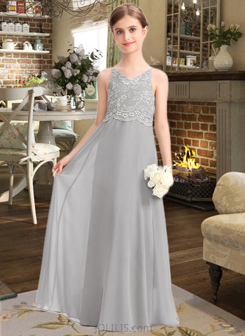 Kiera A-Line V-neck Floor-Length Chiffon Lace Junior Bridesmaid Dress UKP0013579