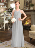 Kiera A-Line V-neck Floor-Length Chiffon Lace Junior Bridesmaid Dress UKP0013579