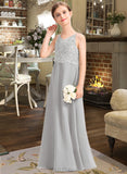 Kiera A-Line V-neck Floor-Length Chiffon Lace Junior Bridesmaid Dress UKP0013579