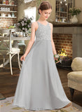 Kiera A-Line V-neck Floor-Length Chiffon Lace Junior Bridesmaid Dress UKP0013579