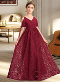 Amina A-Line V-neck Floor-Length Lace Junior Bridesmaid Dress With Ruffle Bow(s) UKP0013581