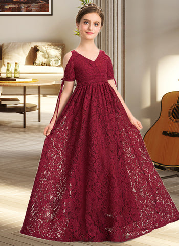 Amina A-Line V-neck Floor-Length Lace Junior Bridesmaid Dress With Ruffle Bow(s) UKP0013581