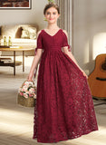 Amina A-Line V-neck Floor-Length Lace Junior Bridesmaid Dress With Ruffle Bow(s) UKP0013581