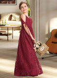 Amina A-Line V-neck Floor-Length Lace Junior Bridesmaid Dress With Ruffle Bow(s) UKP0013581