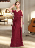 Amina A-Line V-neck Floor-Length Lace Junior Bridesmaid Dress With Ruffle Bow(s) UKP0013581